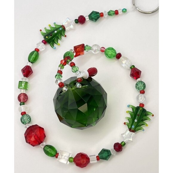 Beaded Christmas Tree Suncatcher Red Green Crystal Prism Hanging Decor - Picture 1 of 10